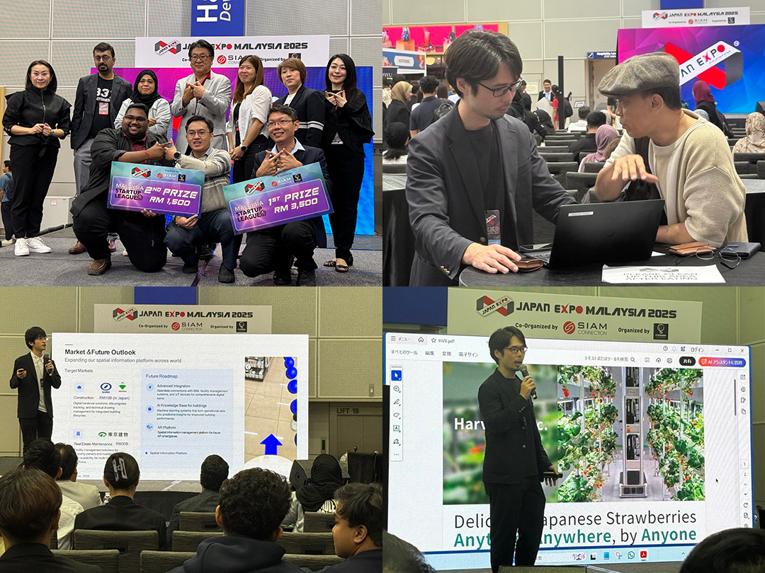 (Upper Left Fig) The award ceremony of Malaysia Startup League, (Upper Right Fig) A business discussion after the presentation, (Lower Left Fig) The presentation of Nefront Inc., (Lower Right Fig) The presentation of Harvest X Inc.